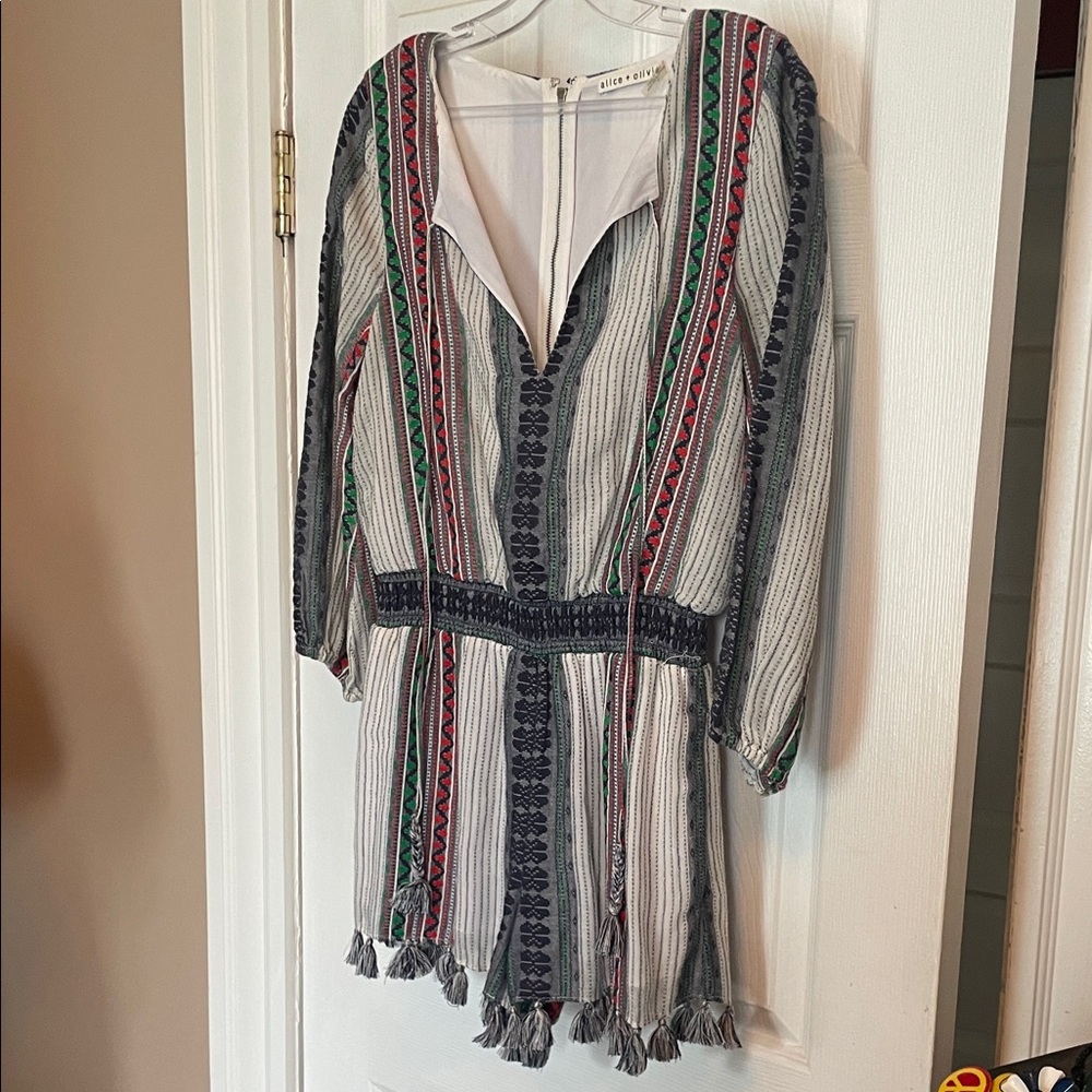 Alice +Olivia Striped Embroidered Tassel Romper in Ivory, Navy, Green & Red